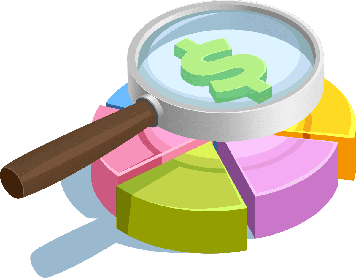 isometric financial technology icon emphasizing analytics with magnifying glass and pie chart insights