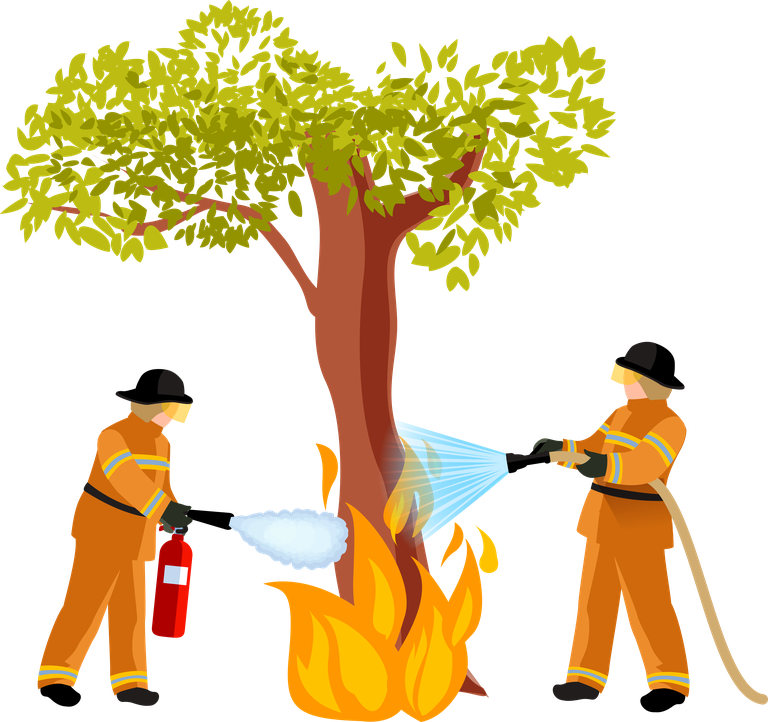 firefighter people extinguishing fire with safety equipment under a tree in action