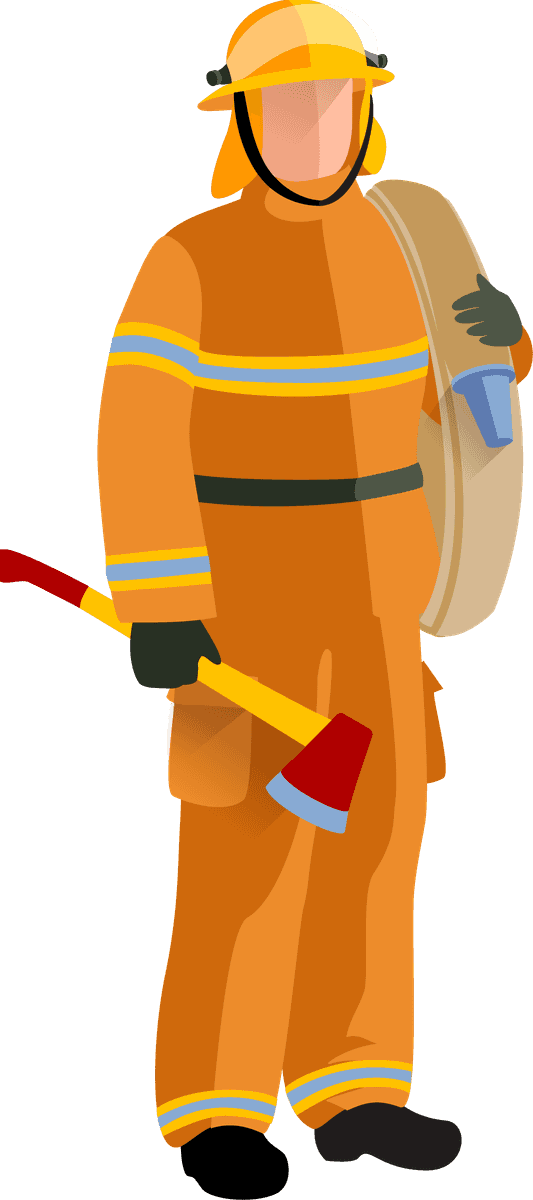 firefighter people extinguishing fire with axe and hose for emergency response
