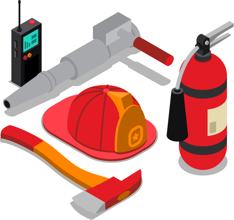 isometric fireman firefighting illustration showcasing essential tools for emergency response