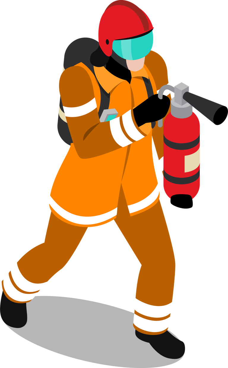 isometric fireman firefighting illustration with fire extinguisher for emergency response