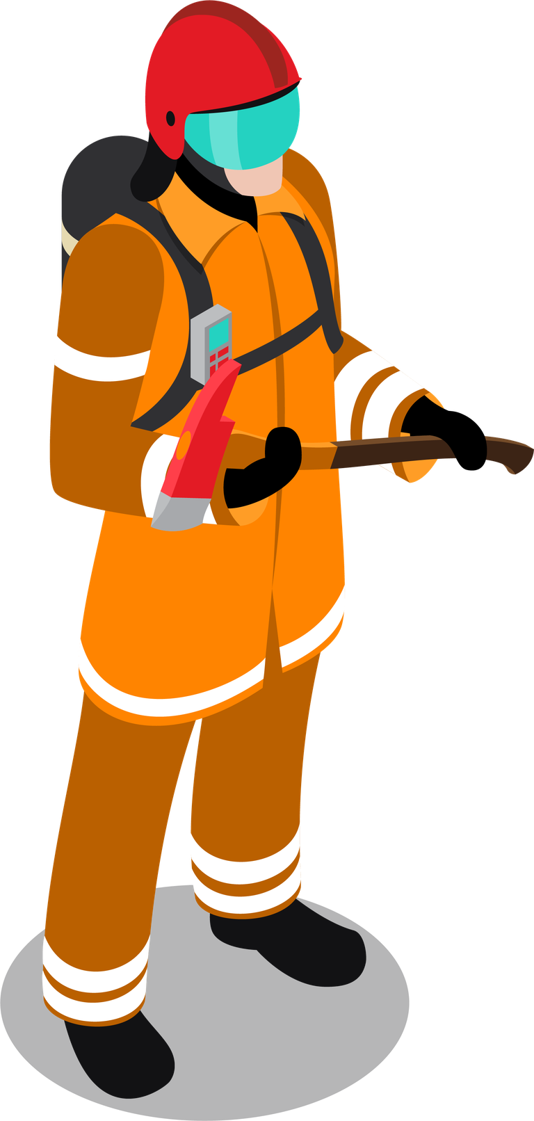 isometric fireman firefighting illustration with tools and protective gear for emergency services