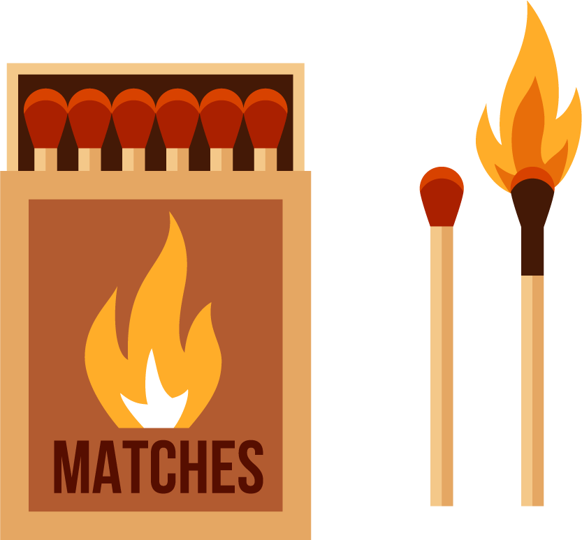 fire in fireplace flat illustration with matches and flames for cozy atmosphere