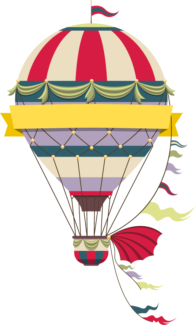 flat air travel round hot air balloon with colorful ribbons and vintage details