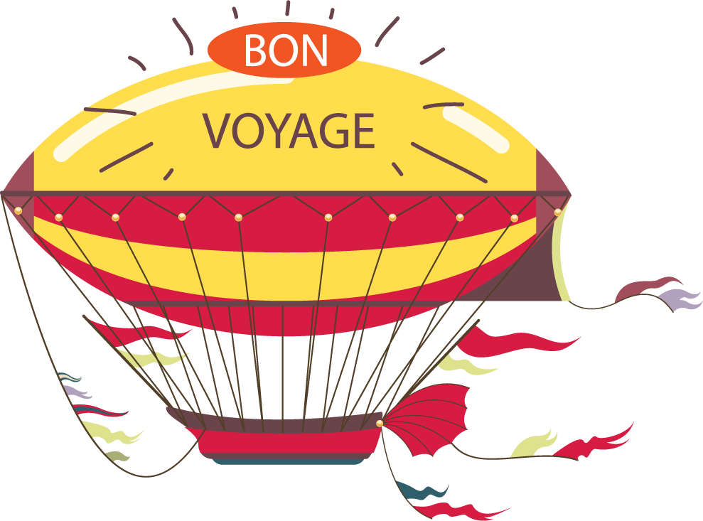 flat air travel round with vibrant hot air balloon and cheerful bon voyage message