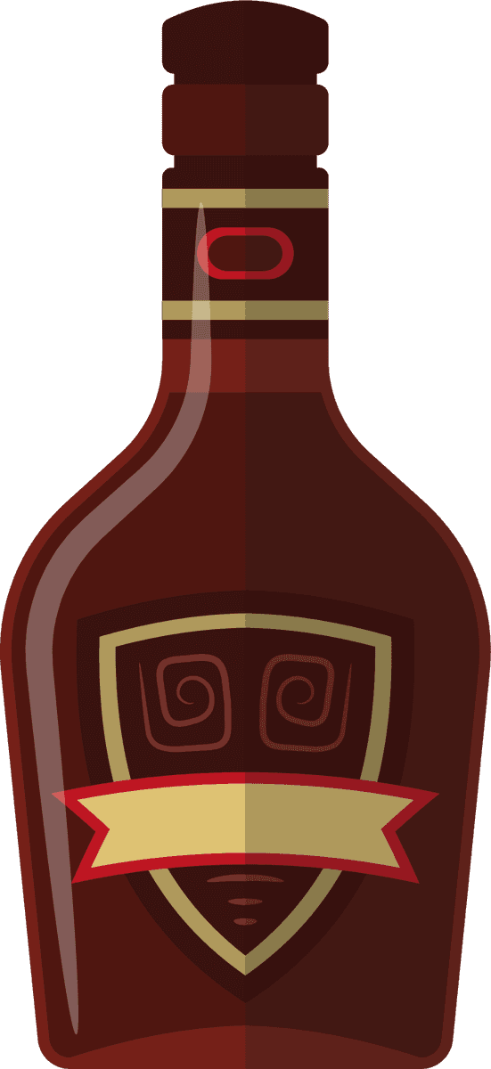 flat alcohol bottle wine bottle with ornate label and rich brown color palette
