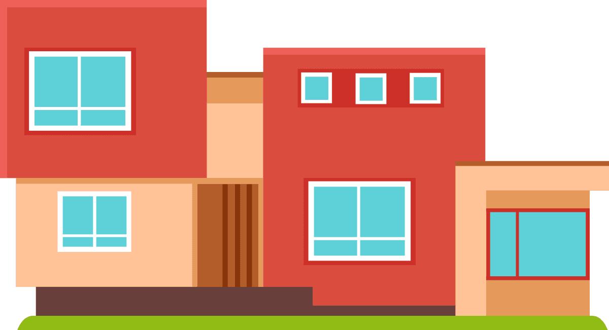 flat cottage house building with large windows and vibrant colors for modern living