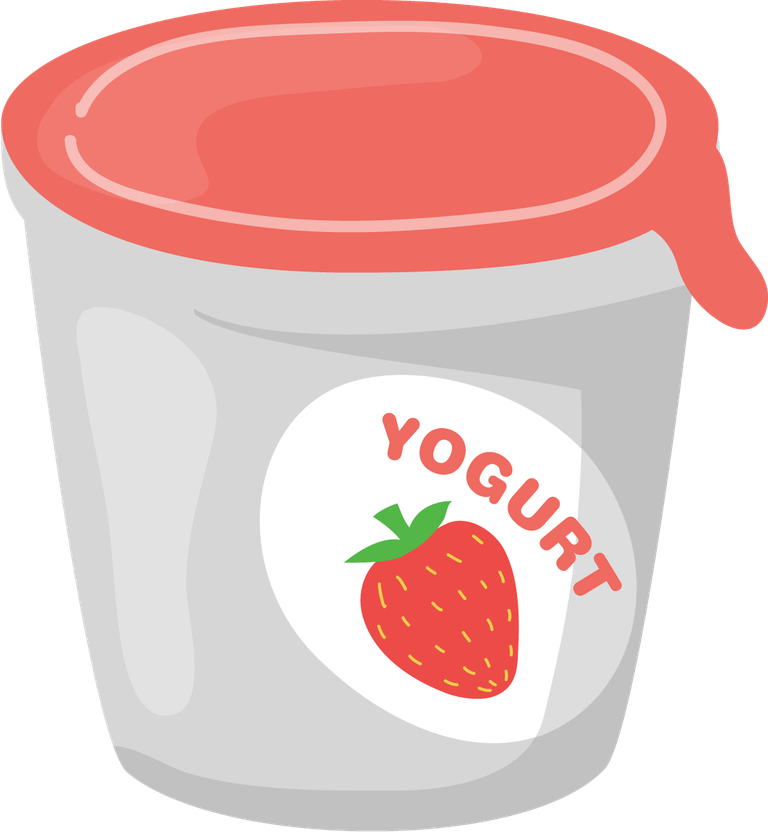 flat dairy drink illustration featuring a yogurt container with strawberry flavor