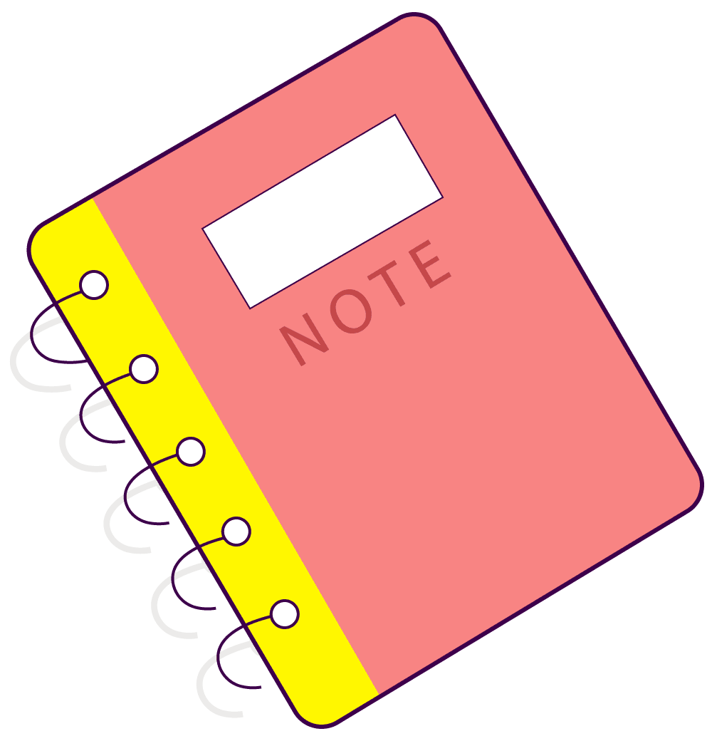 flat essential office supplies icons featuring a colorful notebook with notepad and spiral binding