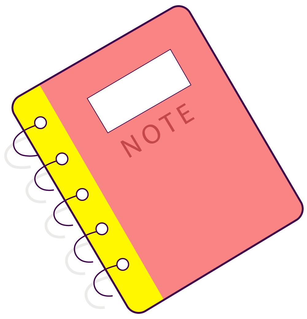 flat essential office supplies icons featuring a colorful notebook with notepad and spiral binding