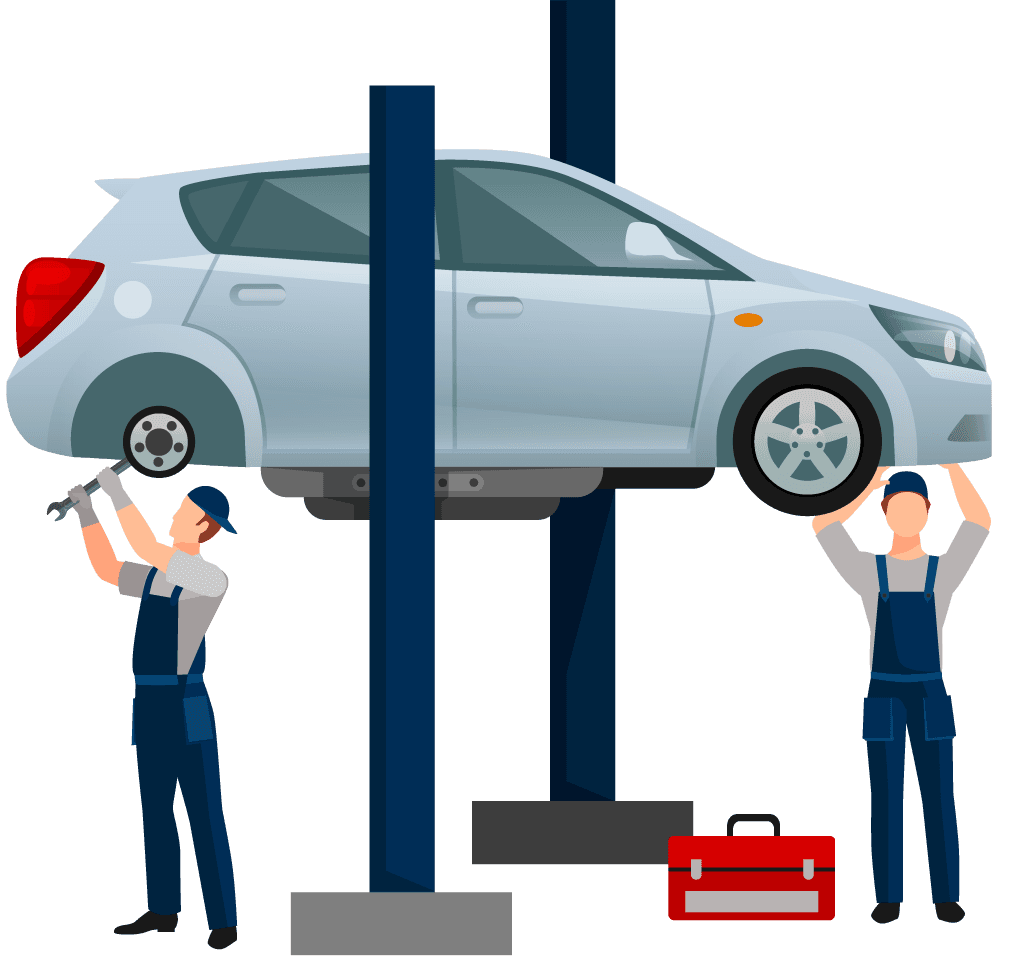 flat icons different workers car lifting and repairing with tools for automotive assistance