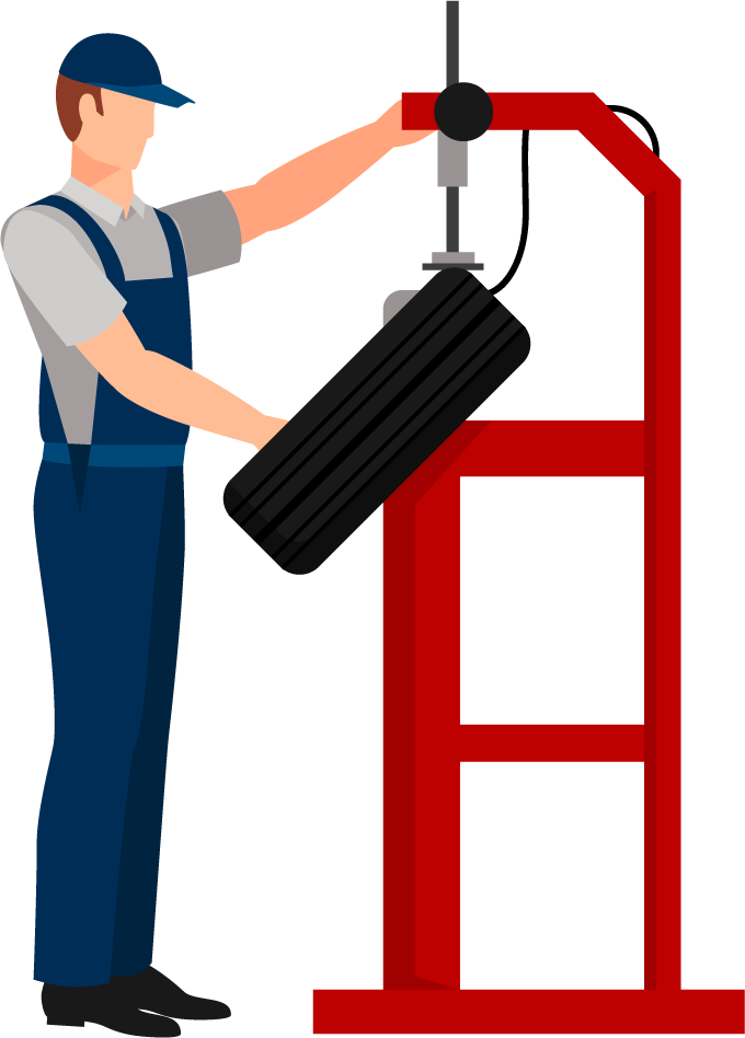 flat icons different workers car repair with tire press for automotive services