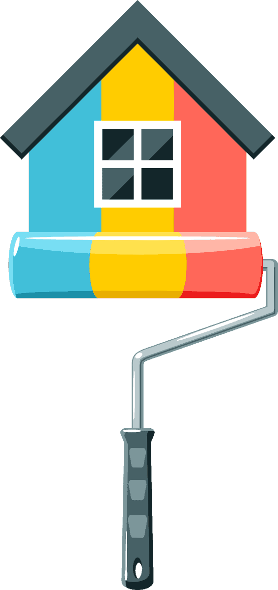 flat painting work element illustration showcasing a colorful house and paint roller