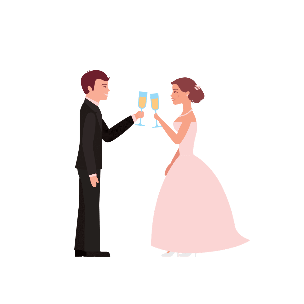 flat standing wedding couples illustration celebrating their love with toasting glasses