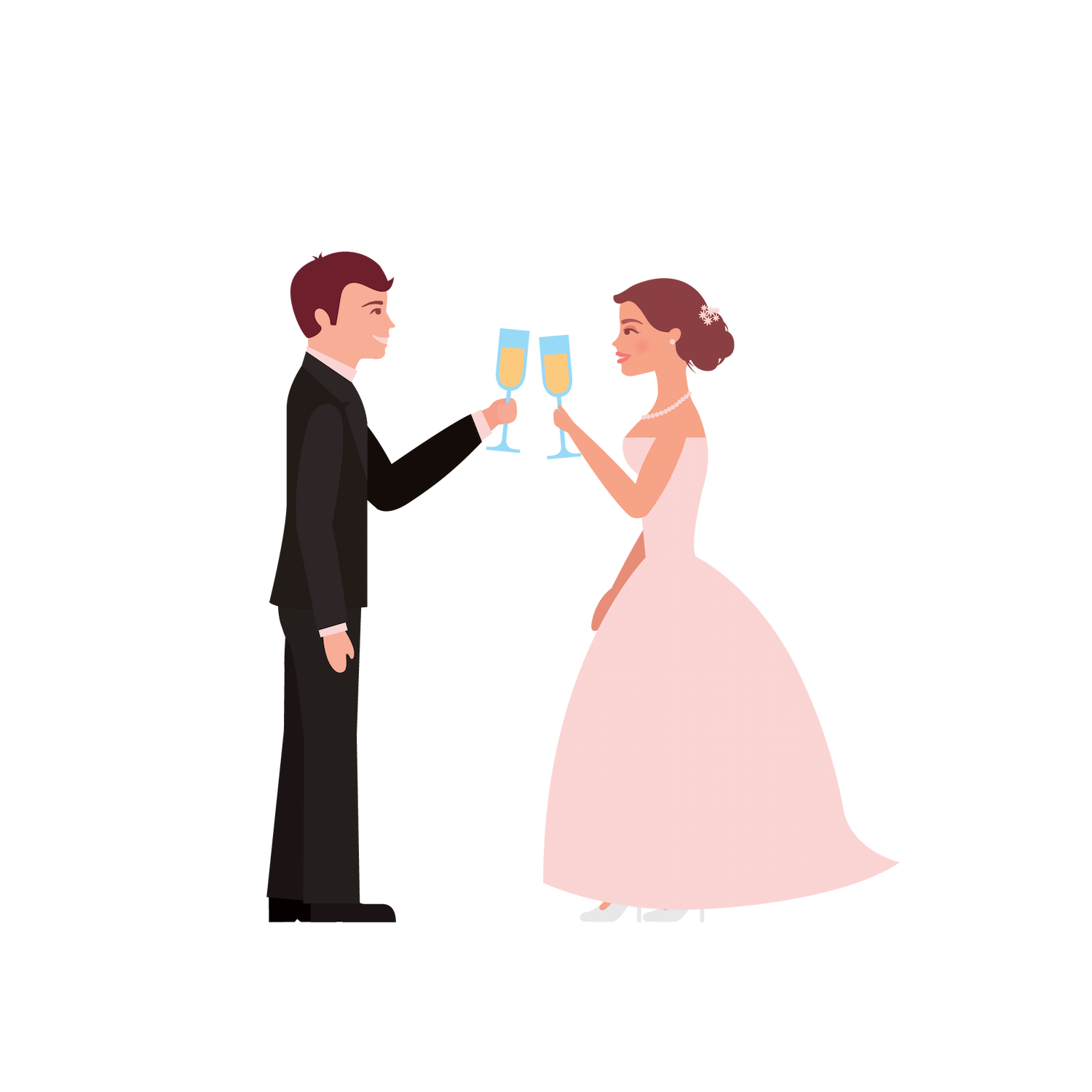 flat standing wedding couples illustration celebrating their love with toasting glasses