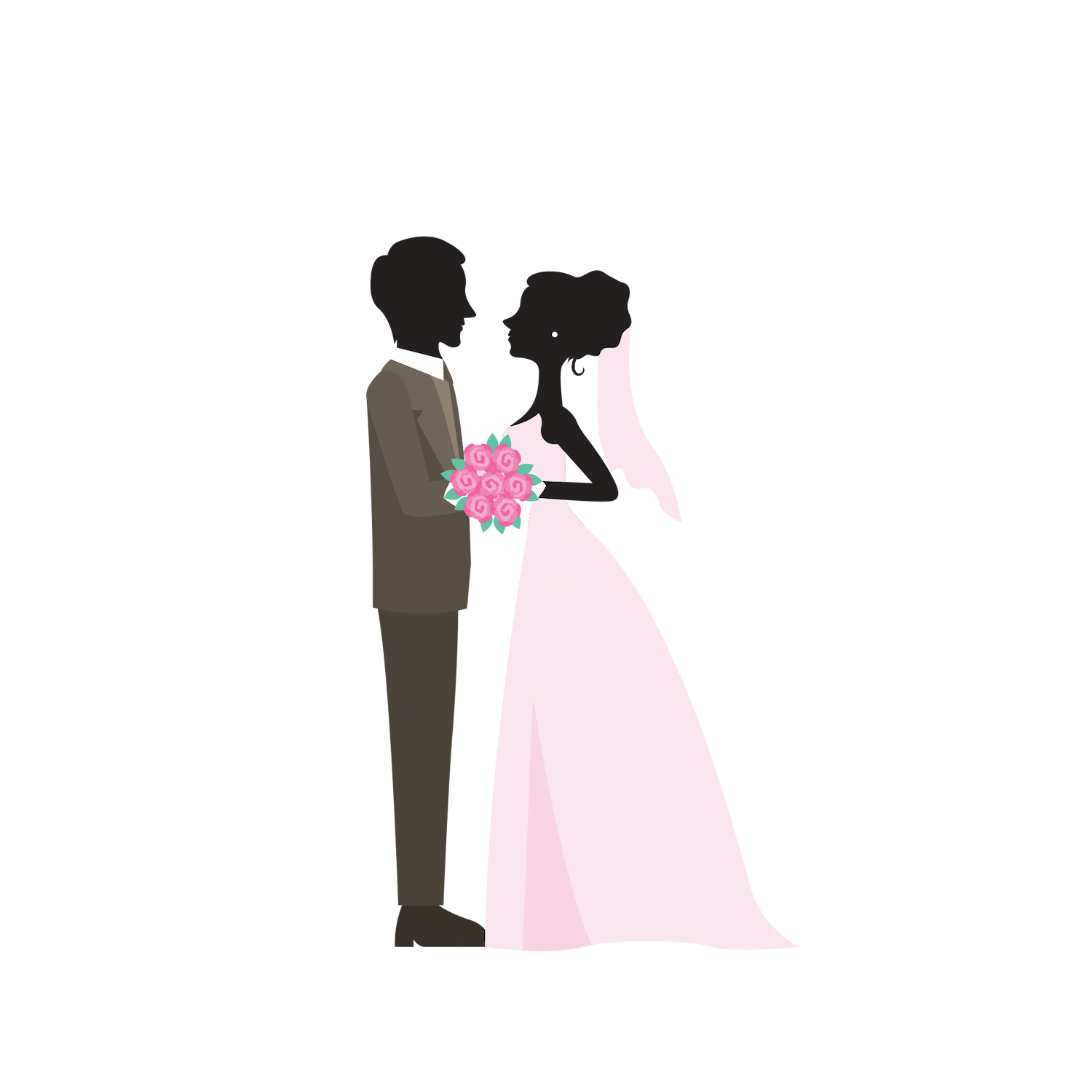 flat standing wedding couples illustration featuring a romantic moment with floral bouquet