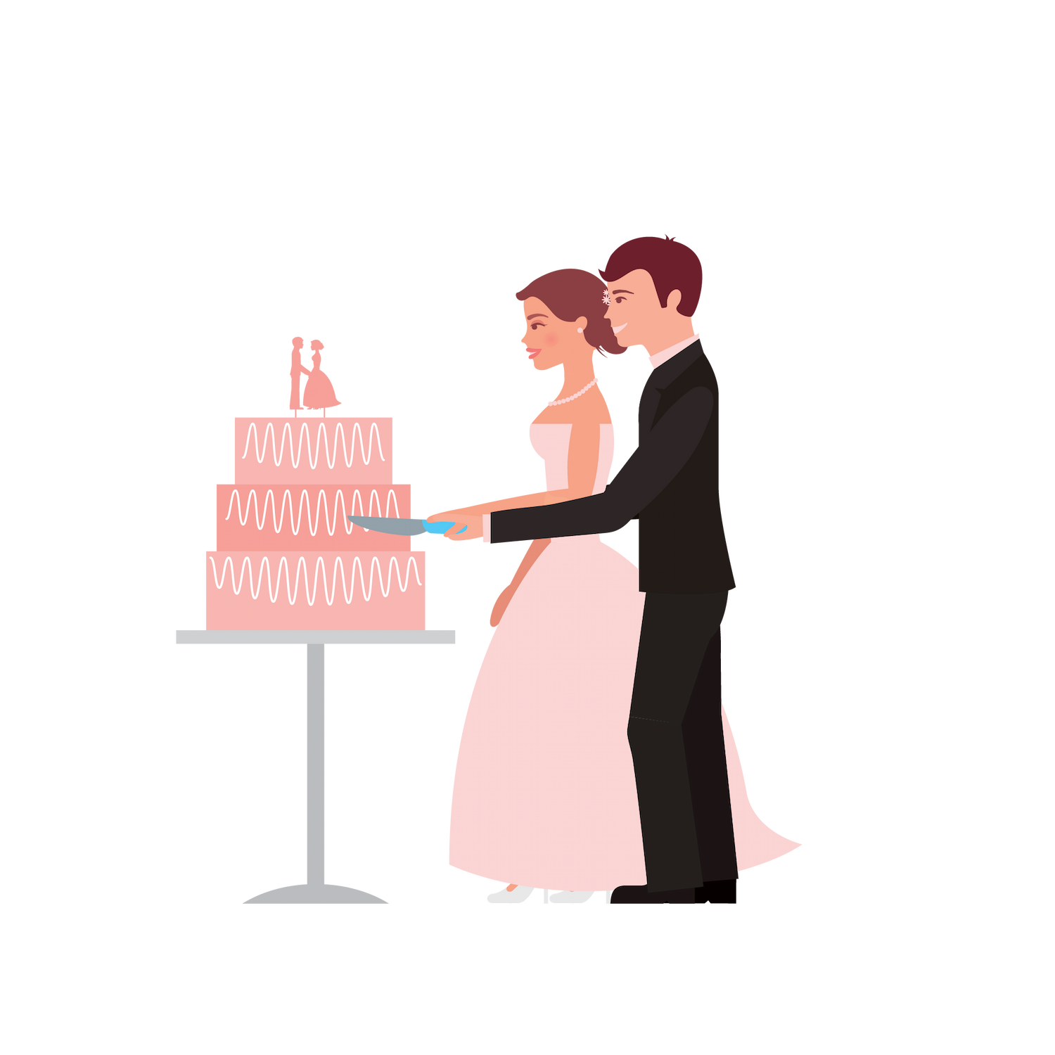 flat wedding couples illustration enjoying cake cutting at their romantic celebration