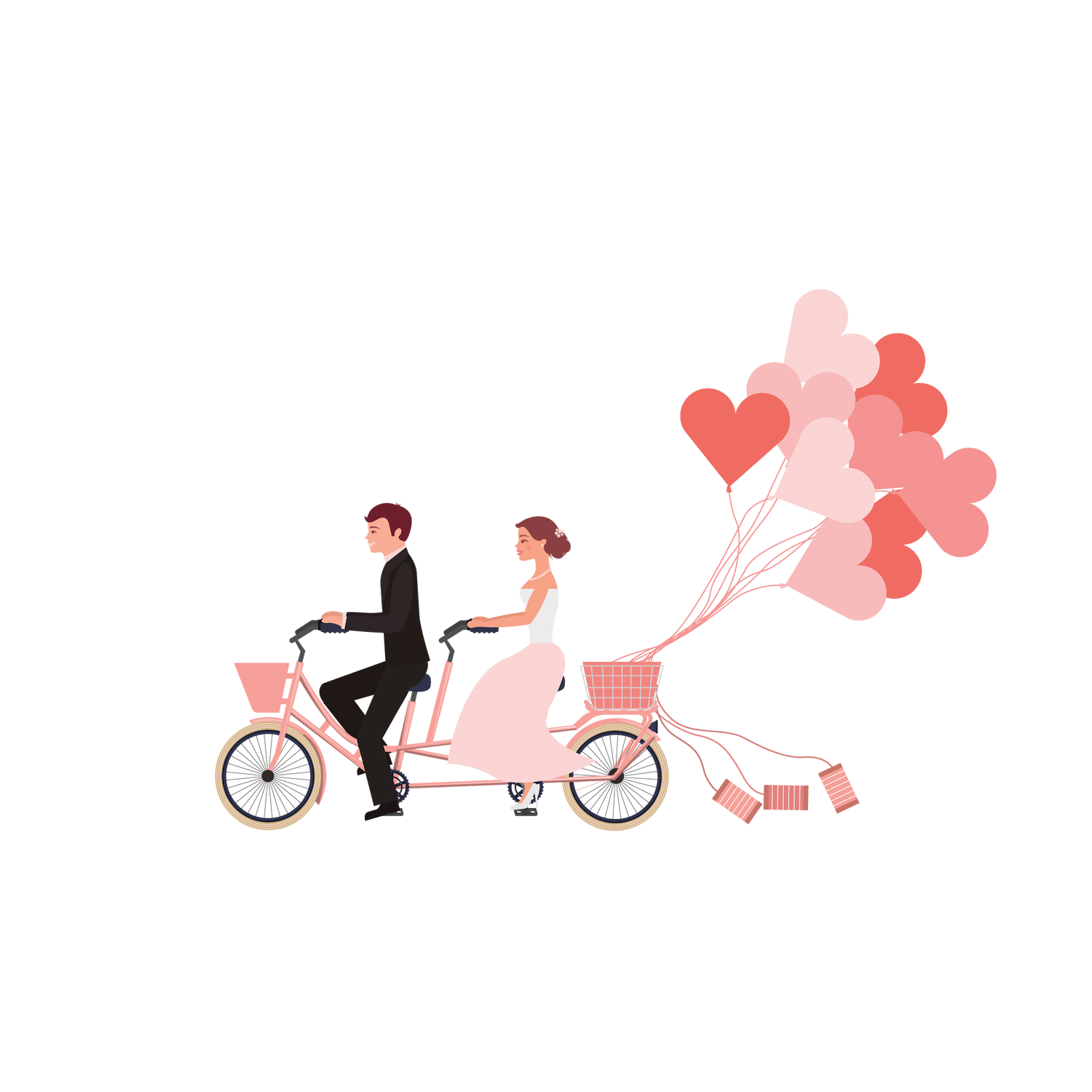 flat wedding couples illustration featuring a bicycle ride with heart-shaped balloons