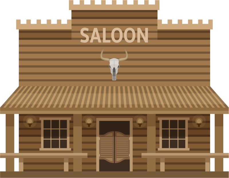 flat wild west houses illustration featuring a saloon with rustic wooden architecture