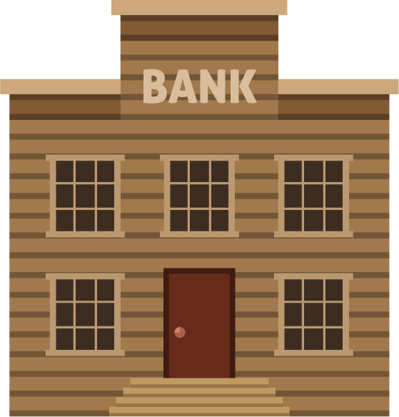 flat wild west houses illustration featuring a classic bank design with rustic charm