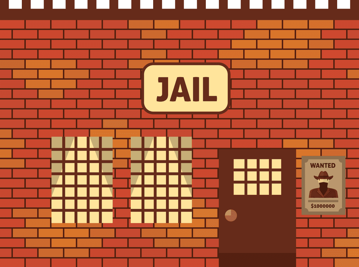 flat wild west houses illustration featuring a jail with rustic brick design and wanted poster