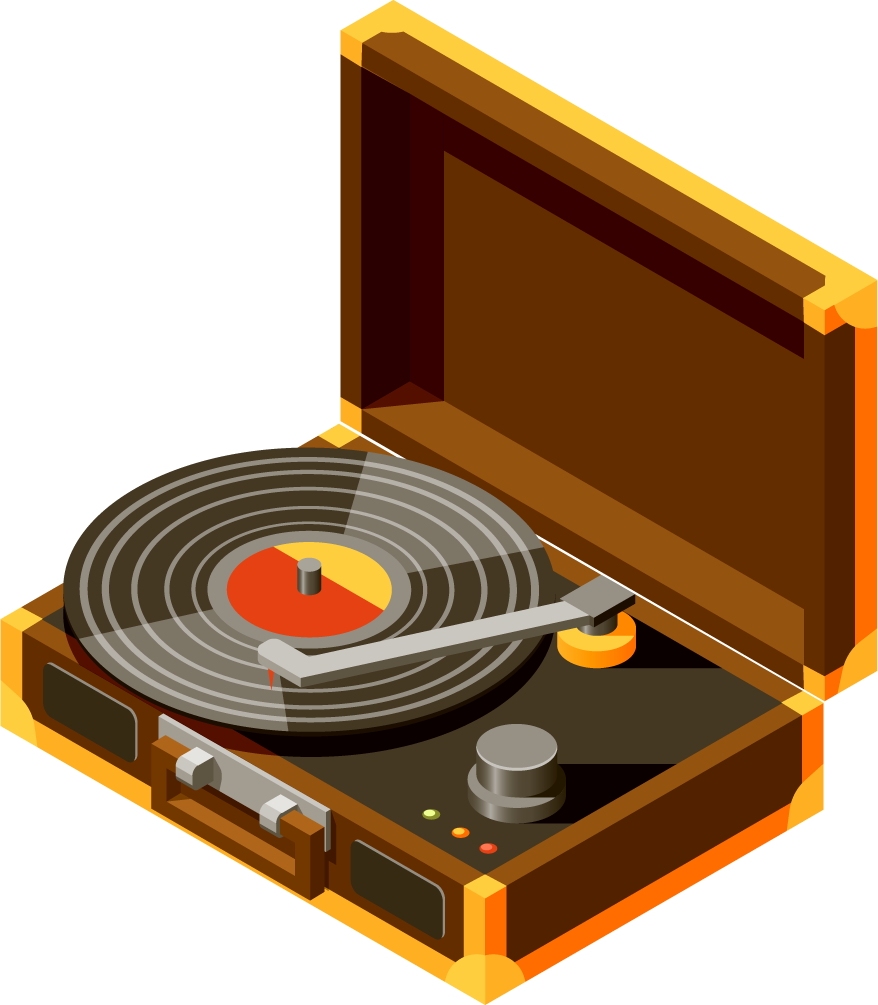 flea market isometric icons featuring a vintage record player with detailed mechanics