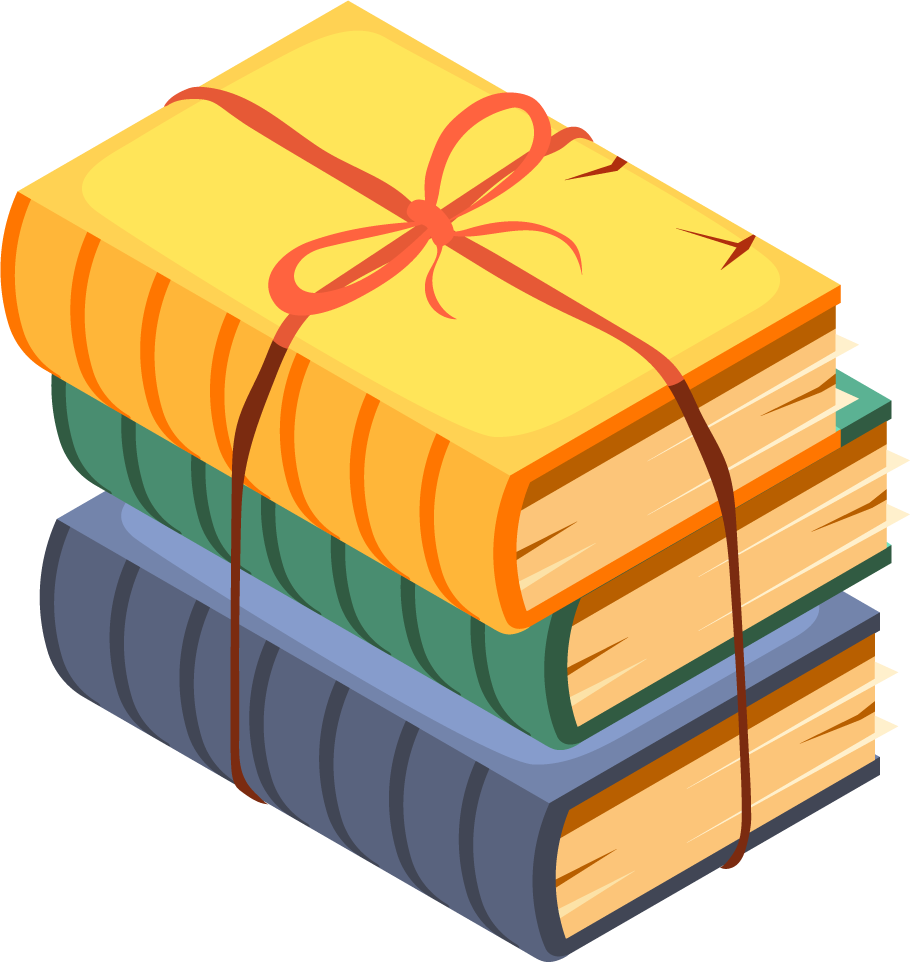 flea market isometric icons featuring colorful stacked books with a ribbon for unique finds