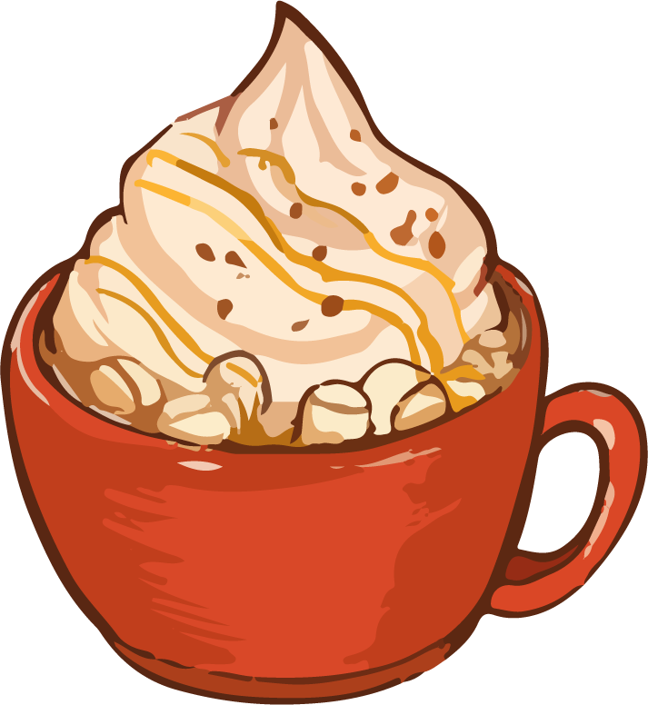 food art drawing watercolor of a delicious caramel coffee cup topped with whipped cream