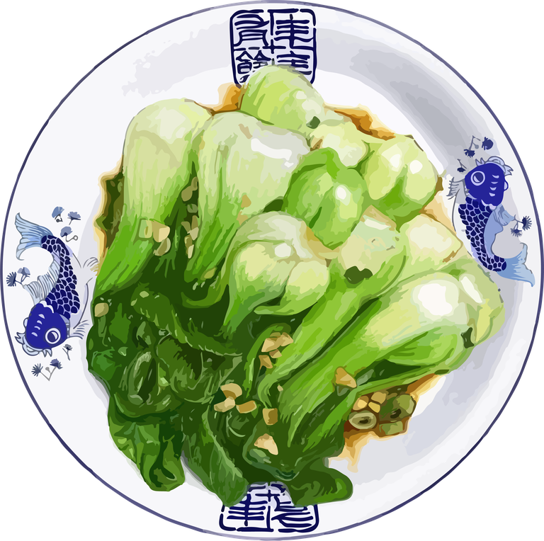 vibrant food art watercolor featuring fresh bok choy on a decorative plate