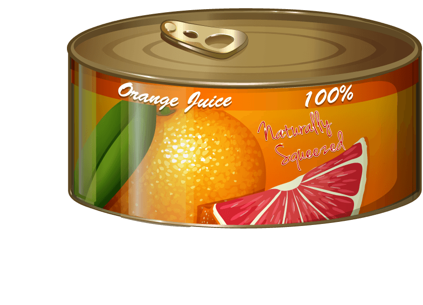 food on white background illustration of a 100% orange juice tin can with citrus fruits