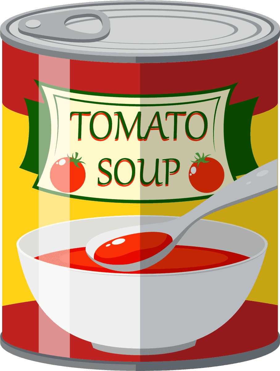 food on white background illustration featuring a vibrant tomato soup can and bowl