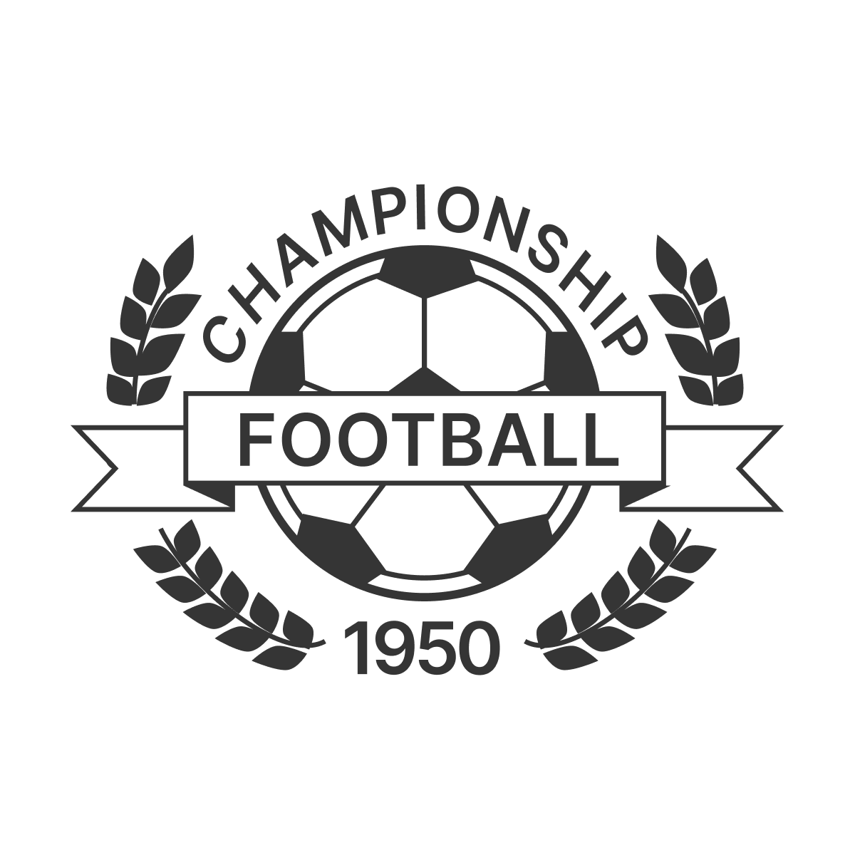 vintage championship football logo with a banner, soccer ball, and laurel wreaths