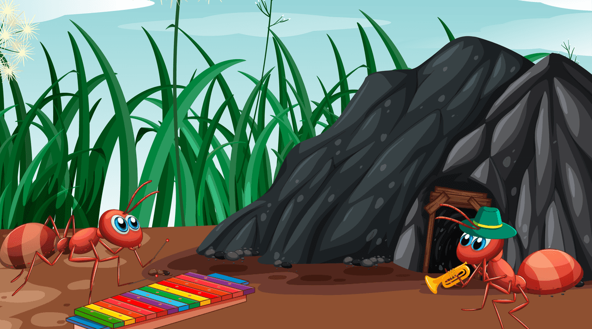four different nature horizontal scene featuring playful ants in vibrant outdoor settings