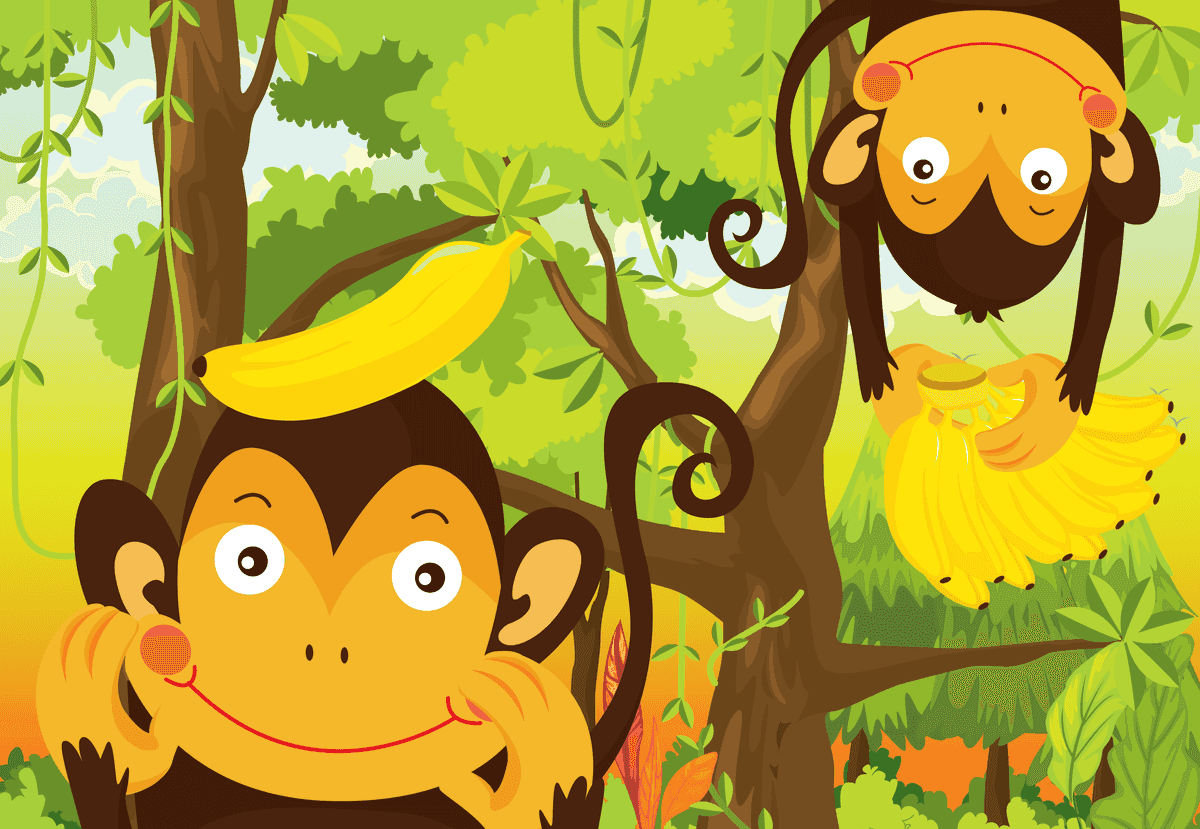 four scenes of the jungle featuring playful monkeys and tropical flora