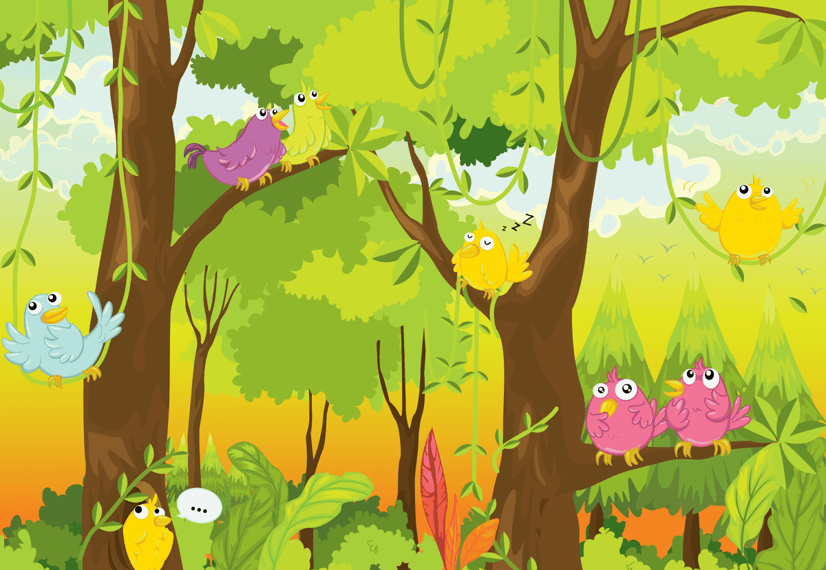 four scenes of the jungle featuring colorful birds and lush greenery