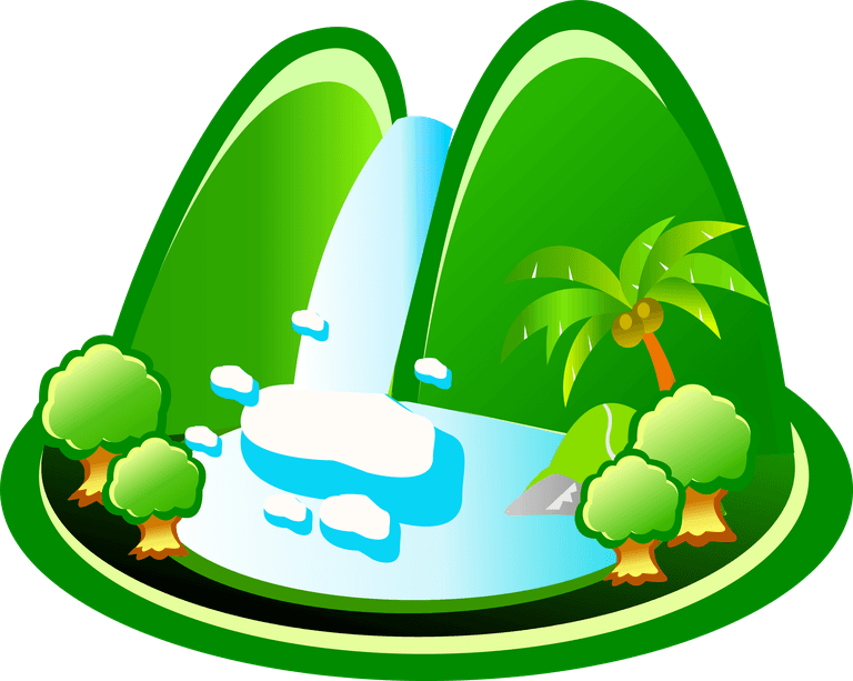 free travel icons featuring a lush tropical landscape with waterfall and palm trees