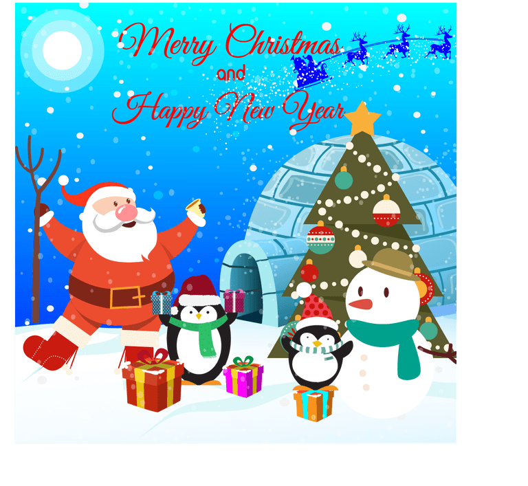 funny penguins with santa claus celebrating christmas