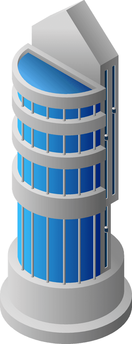 future city isometric icons featuring a sleek skyscraper with modern architectural elements