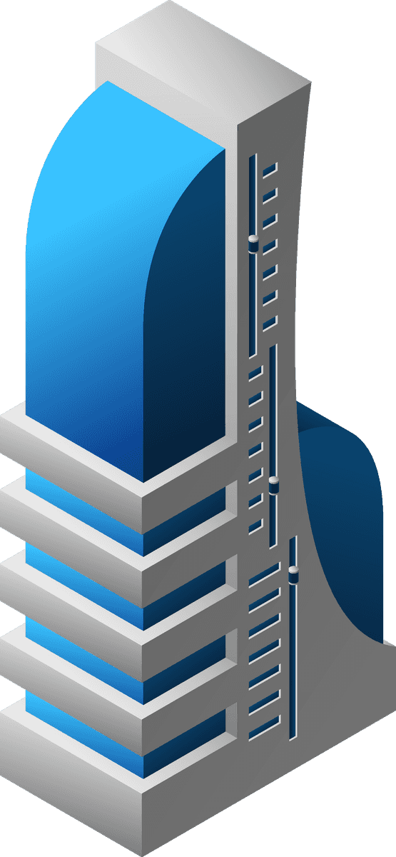 future city isometric icons featuring modern skyscraper architecture and vibrant color schemes