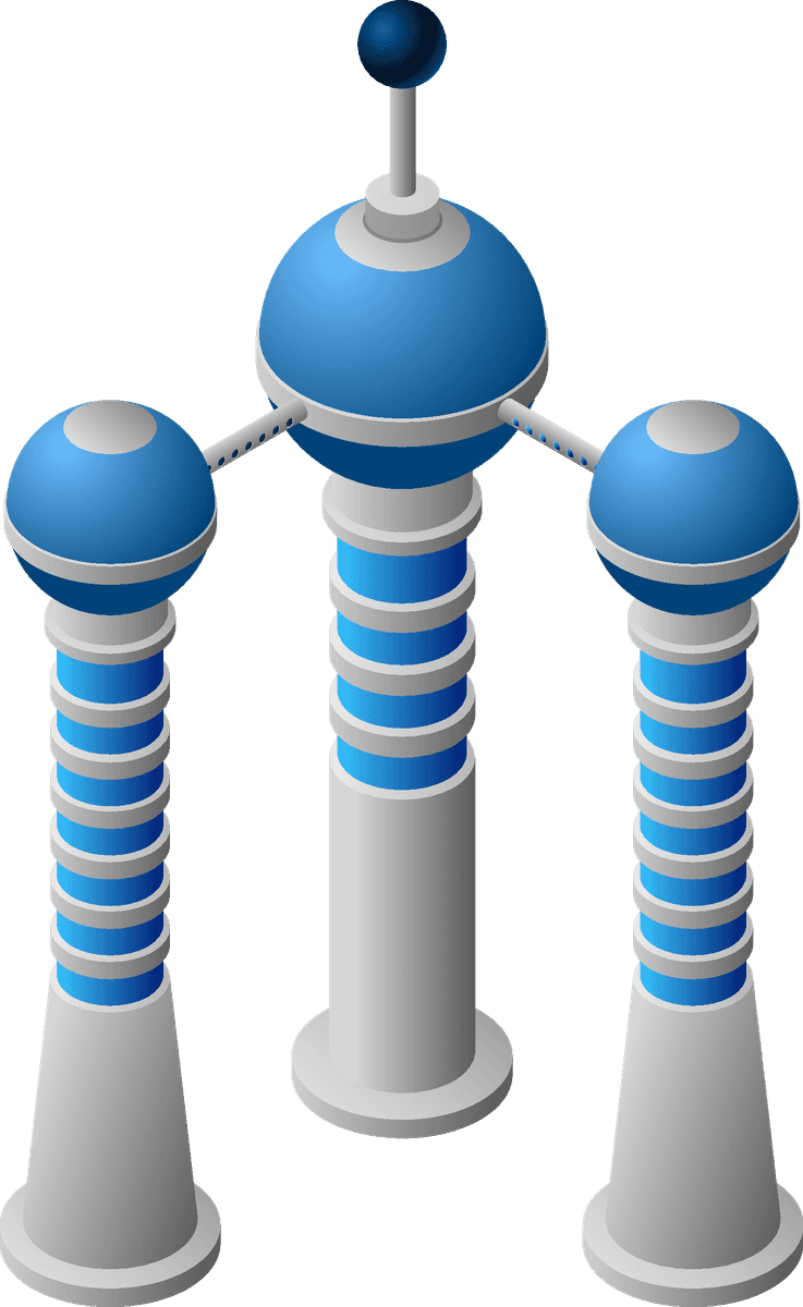 future city isometric icons featuring modern architecture with sleek blue towers and spheres