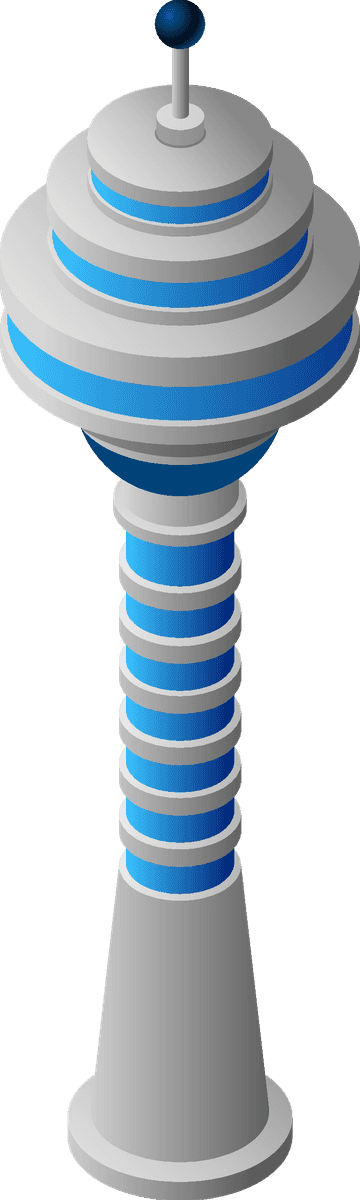 future city isometric icons showcasing a futuristic observation tower with sleek lines and blue accents