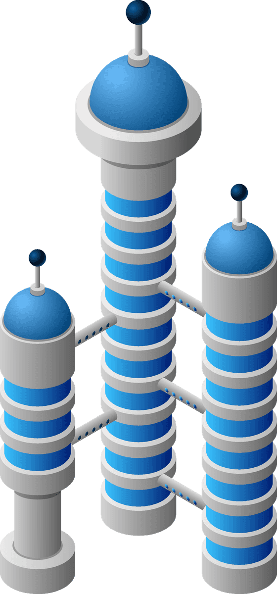 future city isometric icons featuring futuristic tower buildings with blue domes and sleek lines