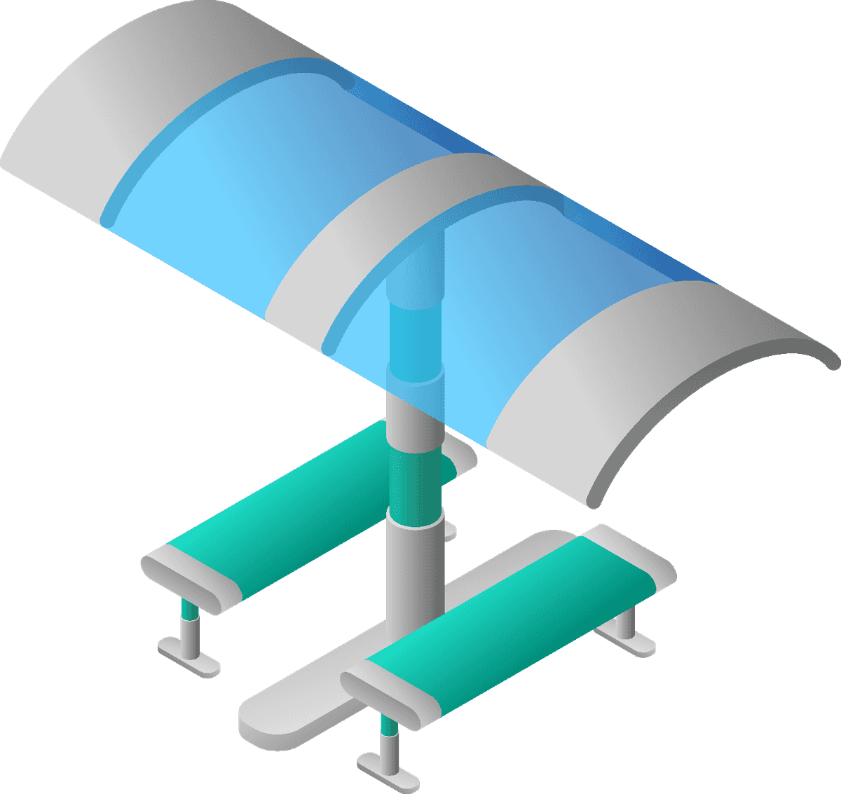 future city isometric icons featuring a modern bus shelter with sleek curves and practicality