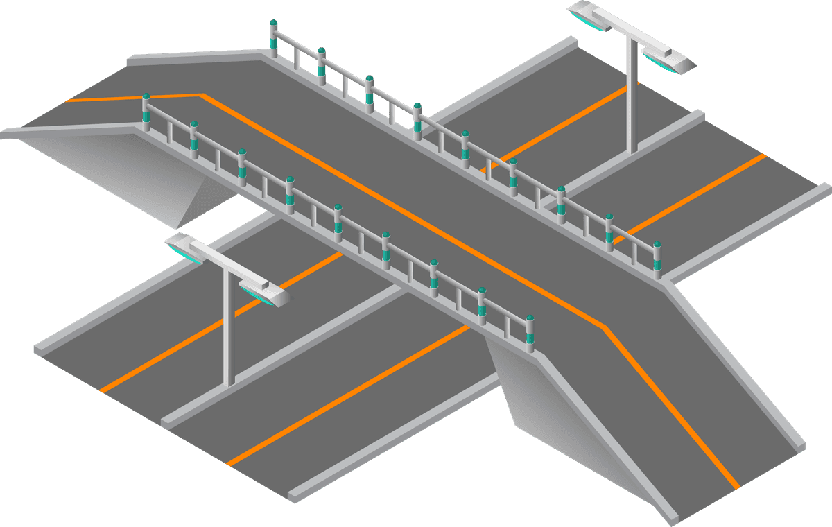 future city isometric icons featuring a detailed overpass and illuminated streetlights for urban planning