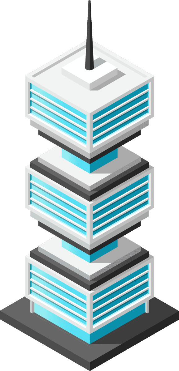 futuristic building architecture isometric with modern stacked design and vibrant color accents