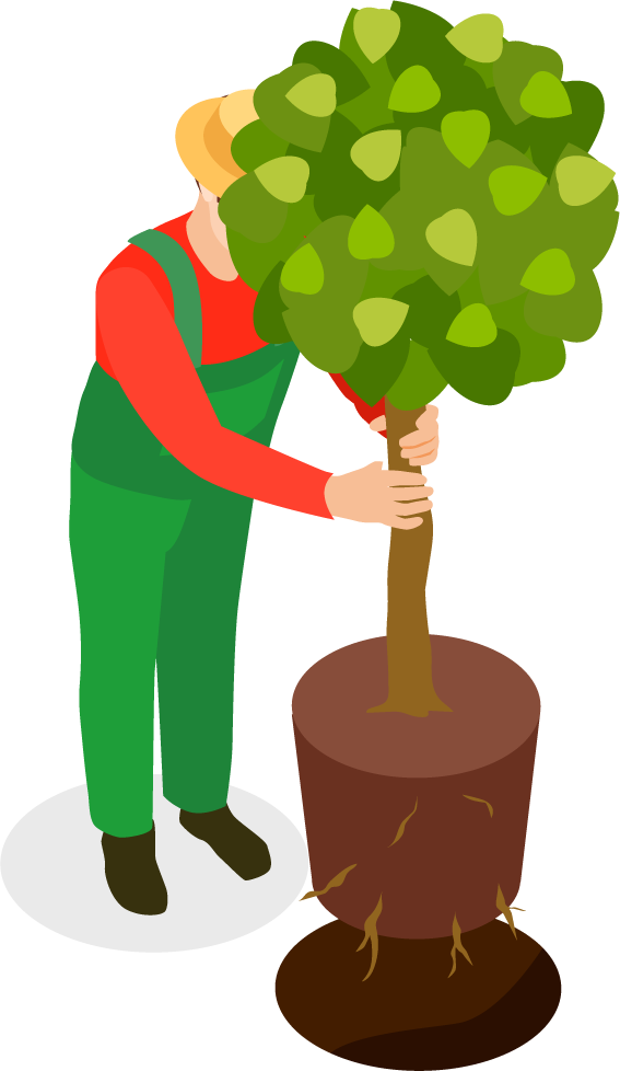 isometric gardener and farmer characters planting trees in a vibrant garden scene