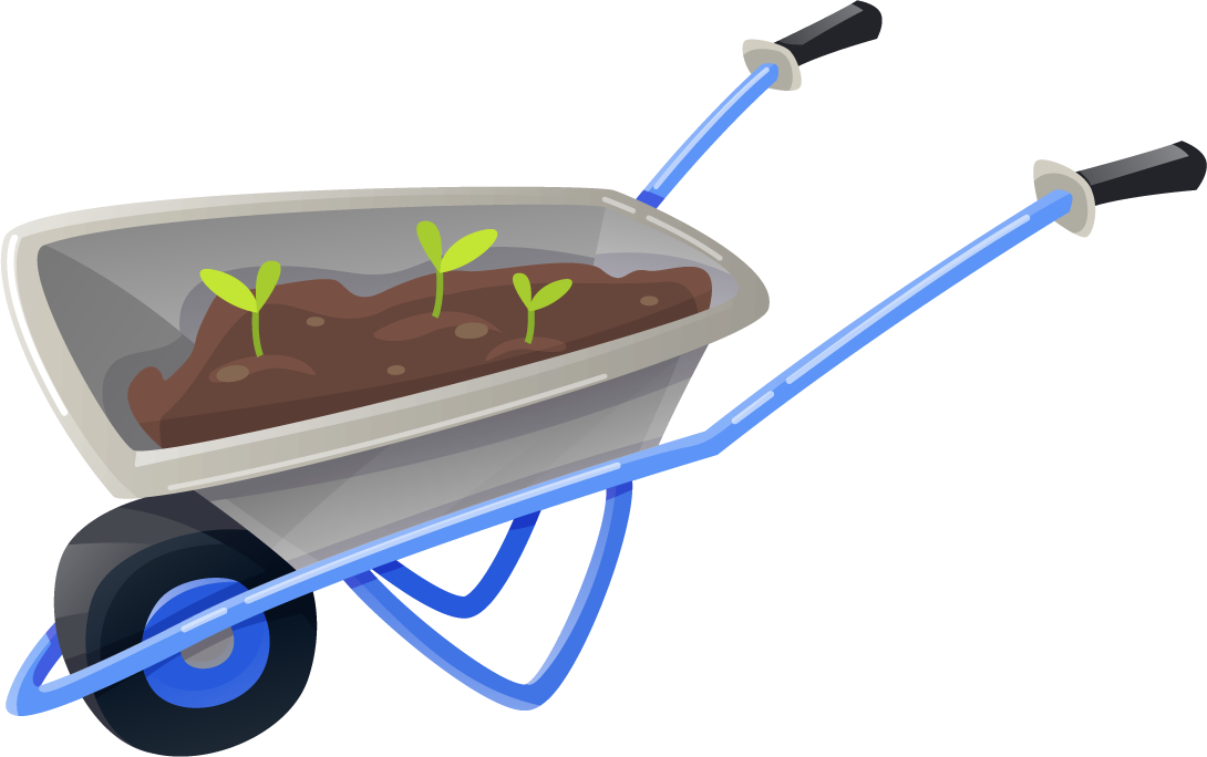 gardening decorative color icons featuring a vibrant wheelbarrow filled with soil and plants