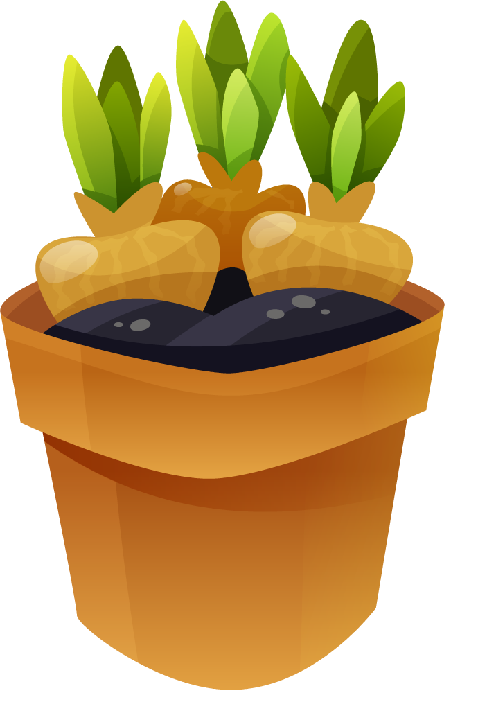 gardening decorative color icons of potted plants with vibrant green leaves and soil