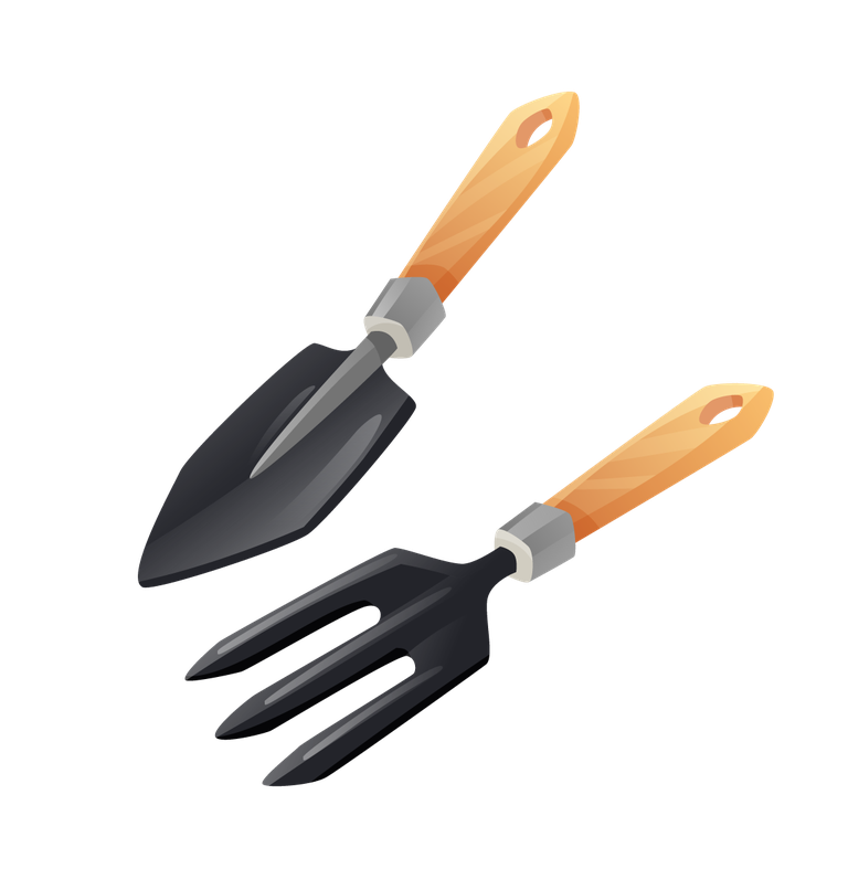 gardening decorative color icons featuring a trowel and fork for plant lovers and enthusiasts