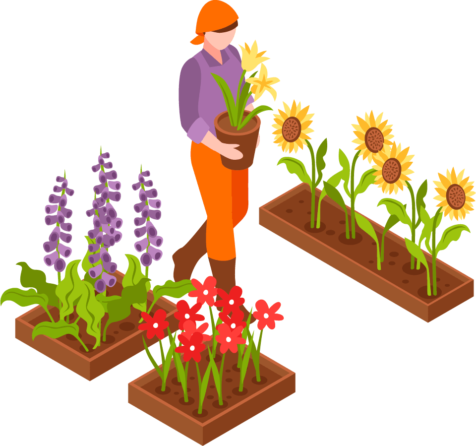 isometric gardening jobs - weeding, fertilizing, pruning, planting